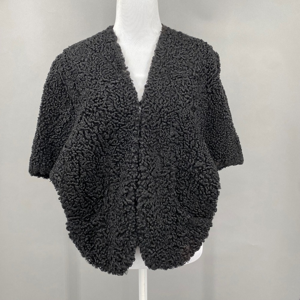 True Vintage Black Curly Faux Fur Cropped Jacket Shawl Collar Open Front Pockets